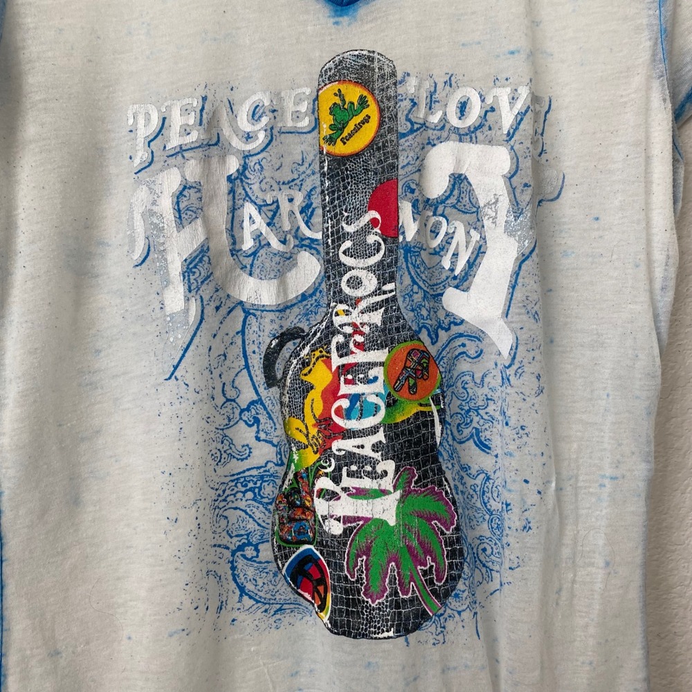 Peace Frogs Y2K Graphic Tee Womens XL White Blue Acid Wash Burnout V Neck Guitar - Picture 7 of 10